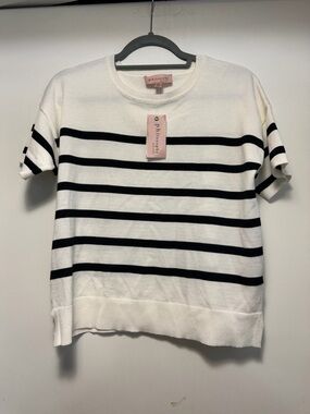 Philosophy White Shirt Sleeve Knit Sweater with Black Stripes